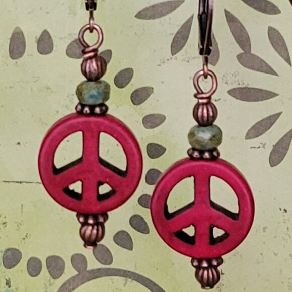 Burgundy RED Howlite Peace Sign Czech Copper Earrings Brass Lever Back Earwires - Picture 7 of 9